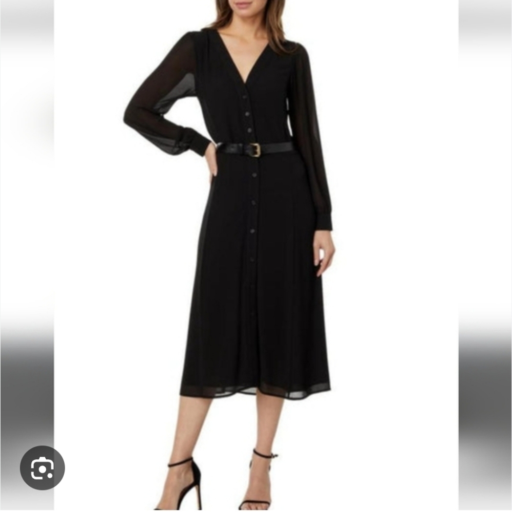 Michael Kors Black Long Seeve Belted Kate Dress In P/Med